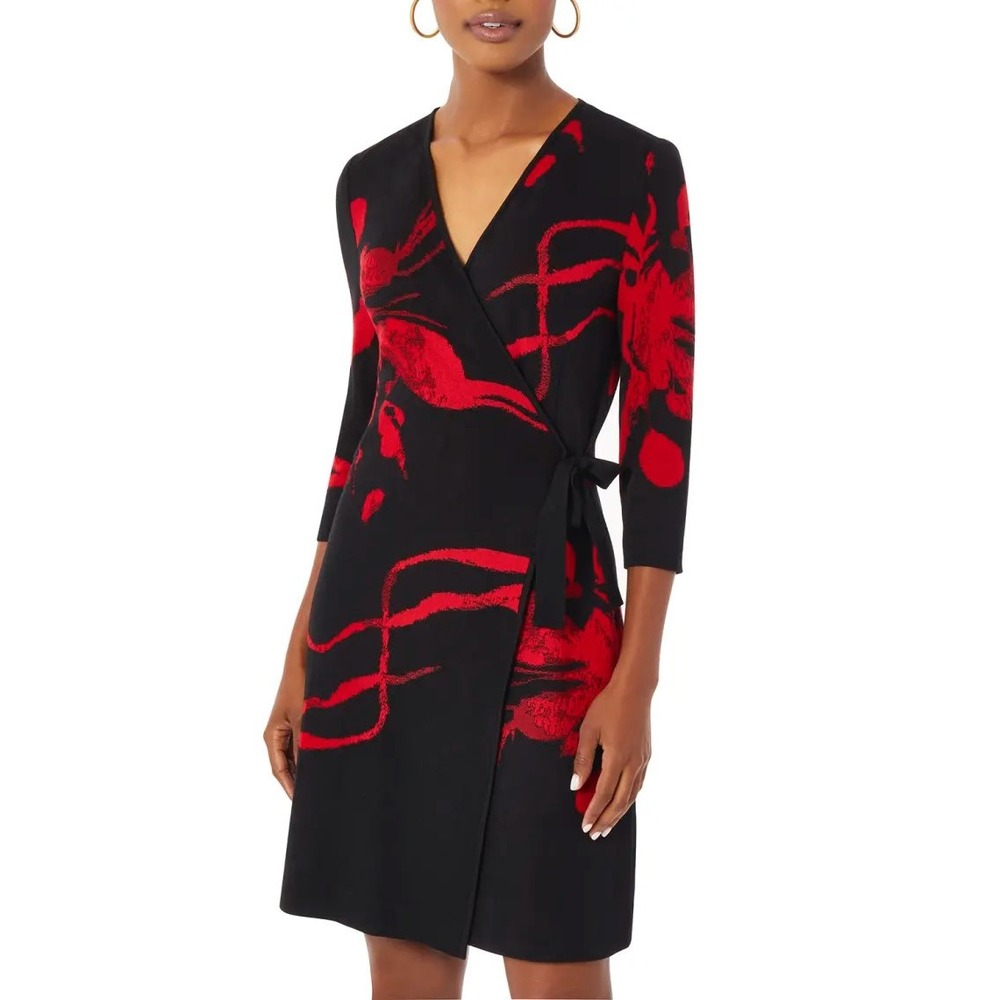 Misook Womens Black Red‎ Abstract Knit Wrap Dress 3/4 Sleeve Size Small